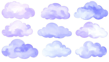 Cute watercolor cloud collection with varied shapes and pastel purple hues, offering a whimsical and dreamy look suitable for nursery art, illustrations, stickers, and creative storytelling.