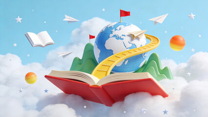 3D Rendered Illustration of Global Learning Concept, Featuring an Open Red Book, Yellow Staircase to Earth Globe, Paper Planes and Floating Books on Cloudy Sky Background