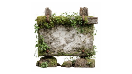 Rustic wooden sign overgrown with moss and vines