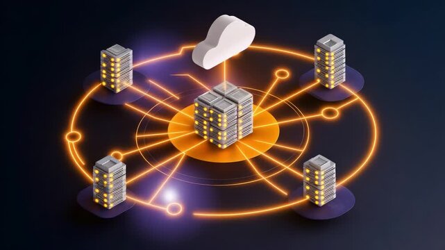 A Dynamic Visualization of Cloud Computing Architecture Showcasing Centralized Data Management and Distributed Systems Interconnected by Network Nodes
