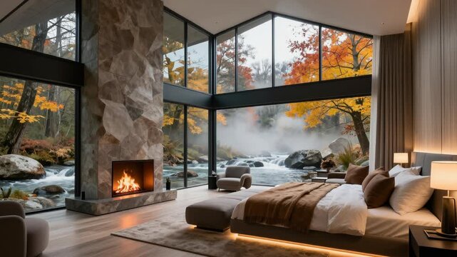 Cozy bedroom interior with glowing fireplace and minimalist lighting, overlooking a misty autumn river and golden foliage through expansive corner windows, evoking luxurious zen tranquility.