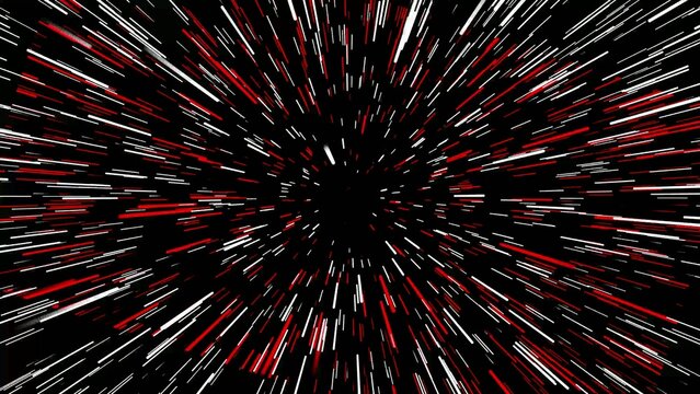 Radiating red and Generate title without using the word "Title:" before it. white streaks forming a symmetrical light speed tunnel effect on black background lines