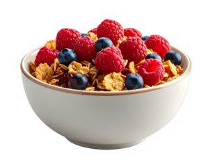 Bowl of granola with fresh raspberries and blueberries.