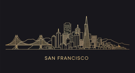 Golden line art illustration of San Francisco city skyline with bridge and buildings on black background.