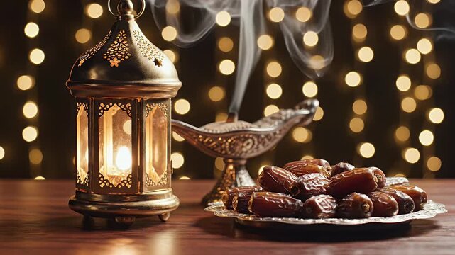 Ramadan Night Golden Lantern Dates Bukhoor Smoke Warm Bokeh