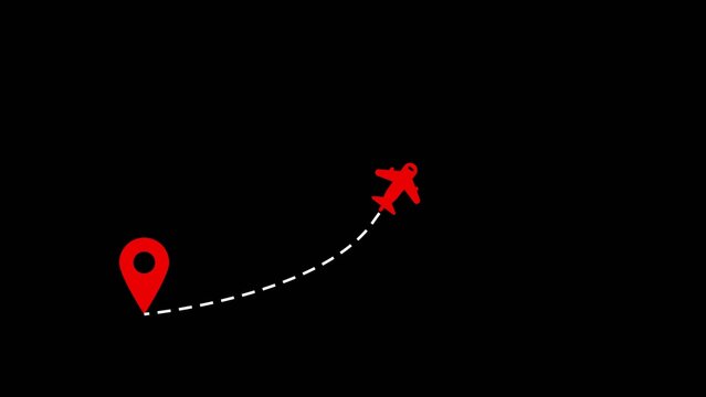 Red airplane and location pin connected by a dashed line on a Generate title without using the word "Title:" before it. black background aircraft flight