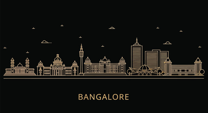 Illustration of Bangalore city skyline in gold against a black background with stars and clouds.