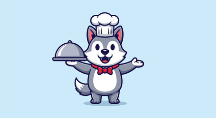 Obraz premium Cartoon wolf character wearing a chef's hat and red bow tie holds a covered dish against a light blue background.