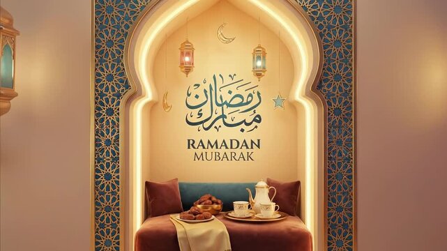An exquisitely decorated alcove radiates warmth and luxury, featuring ornate Arabic-inspired geometric patterns in shades of blue and gold. Suspended within the elegant arched niche are traditional gl