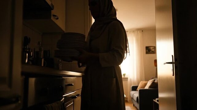 Woman in headscarf carrying stack of books indoors silhouette