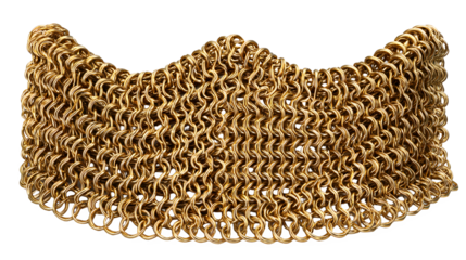 A piece of gold chainmail armor with interlinked metal rings on a white background for historical or fantasy costume design with medieval and protection