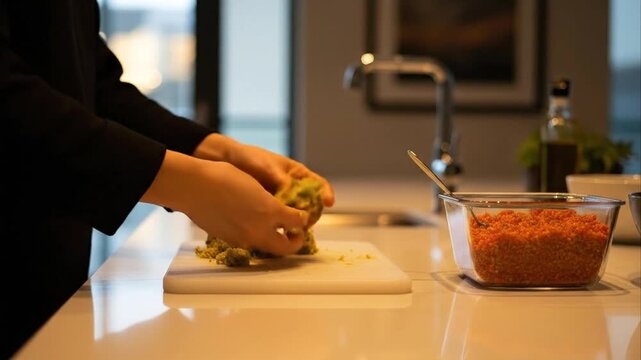 Woman preparing food on kitchen countertop close up