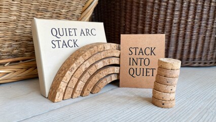 Quiet Arc Stack and Stacked Discs on Wooden Surface with Textual Elements and Natural Textures for Calm Environments