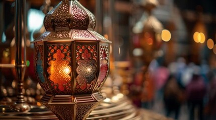 Ornate Golden Arabic Lantern Glowing in a Traditional Bazaar Setting