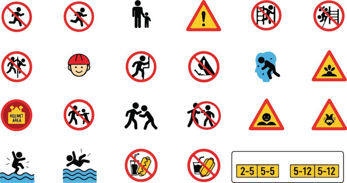 Safety warning signs for various hazards and age guidelines