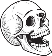 Laughing Skull with Open Mouth Hand-drawn Sketch Drawing Vector Illustration, Line Linear Symbol Engraving Coloring Book, Black and White Isolated