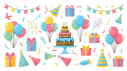 Colorful birthday party elements and decorations with cake