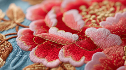 Red peony embroidery close up on blue fabric with golden thread highlights showing detailed textile craft