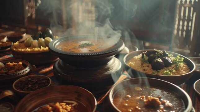 Traditional Food Feast Steaming Hot Bowls Served on a Dark Table