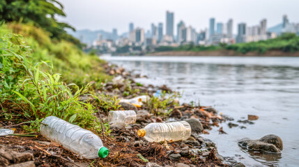 Pollution along the riverbank showcases the urgent need for environmental awareness in a bustling urban cityscape