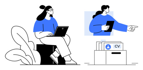 Recruitment process. Young professionals review resumes and engage in digital hiring practices. Recruitment focuses on human resources, talent acquisition, and online job applications. For HR, remote