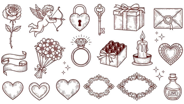 Valentines Day Icons with Hearts, Gifts, and Love Symbols