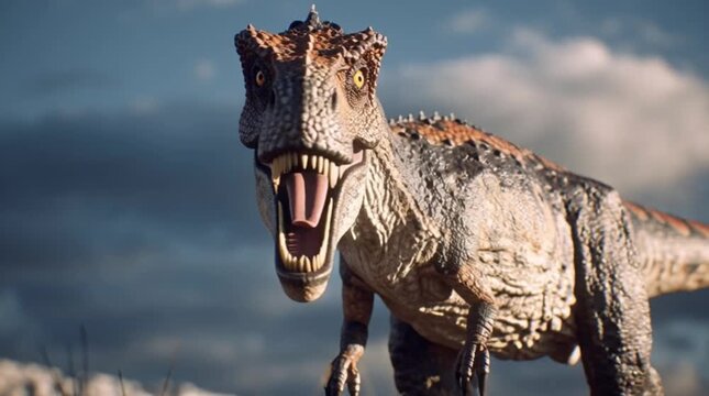 Realistic Theropod Dinosaur Walking Across Dry Prehistoric Plains