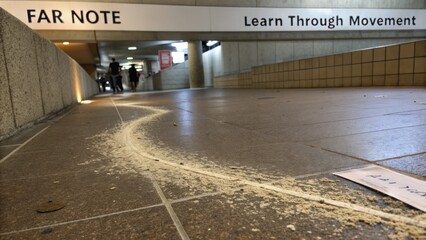Scene of a corridor with powdery substance on floor leading to signage about learning through movement