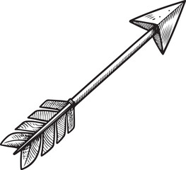 Short Small Bow Arrow Boho Hand-drawn Sketch Drawing Vector Illustration, Line Linear Symbol Engraving Coloring Book, Black and White Isolated