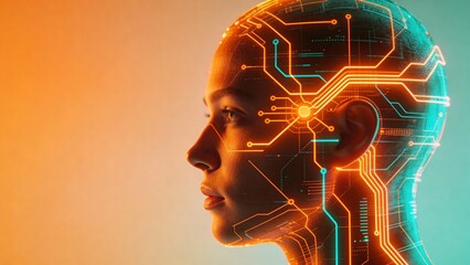 Human head with glowing circuit patterns