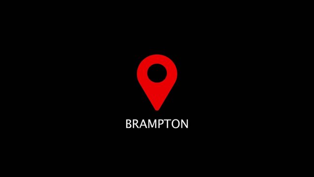 Red map pin marker centered above the text Brampton on a Generate title without using the word "Title:" before it. black background location