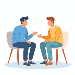 Fototapeta premium Two men engaging in conversation while seated on chairs facing each other in a relaxed setting