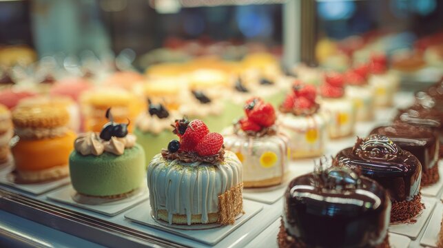 Assorted colorful mini cakes and pastries arranged in a display case with decorative toppings and
