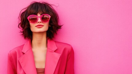 Stylish woman in pink blazer and sunglasses vibrant color portrait