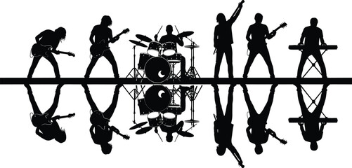 Rock band silhouette with reflection, live music vector, stage performance icon, guitar drum keyboard singer graphic, concert energy design