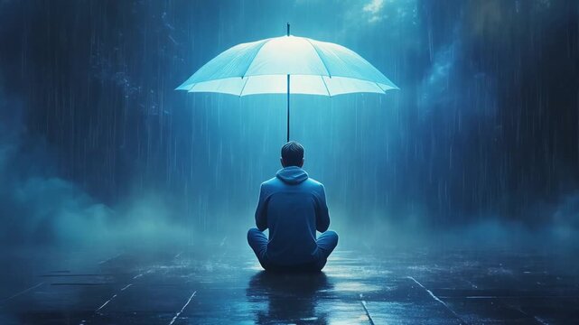 Silhouette of man sitting with a glowing cyan umbrella in dark rainy forest atmosphere at night.