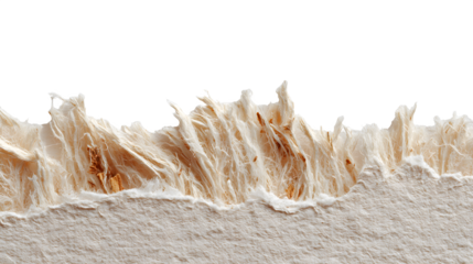 A piece of handmade mulberry paper ripped long decorative texture with beige background and white space for design or text overlay with ripped paper texture