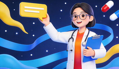 3D Rendered Cartoon Illustration of a Smiling Female Doctor Holding a Blank Speech Bubble and Clipboard, with Medical Capsules and Abstract Fluid Background