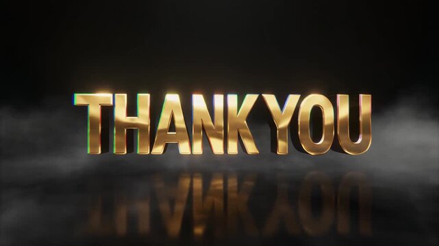 Ultra realistic 3D gold metallic THANK YOU text, cinematic outro animation, subtle glitch