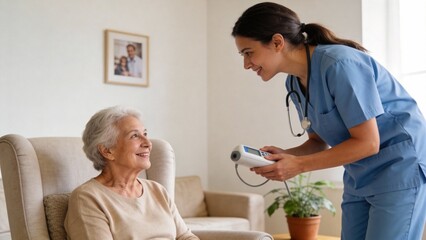 Fototapeta premium Nurse checking elderly womans blood pressure