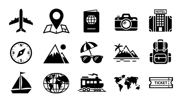 a collection of travel icons including airplane map passport camera hotel mountain sun and world globe silhouette high quality professional detailed modern