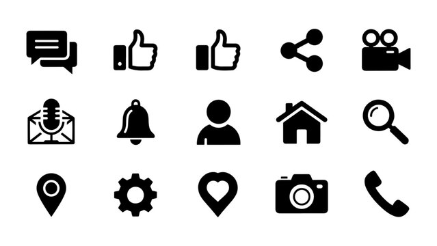 a collection of various black social media and communication icons including chat bubbles likes shares and a distinct human silhouette high quality