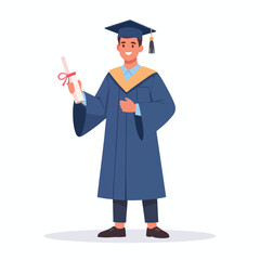 Graduate in blue gown holding diploma in hand standing alone