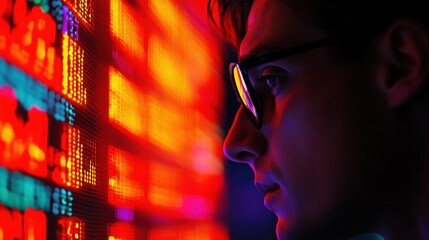 Man observing vibrant data display technology finance and data analysis