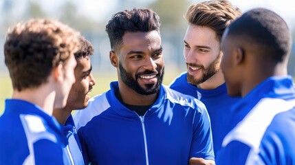 Diverse male athletes in blue uniforms chatting outdoors teamwork concept
