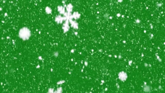 White snowflakes falling against a vibrant green background, one prominent in center