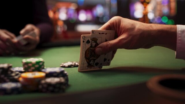 The thrill of a high-stakes poker game captured as a player holds their cards, contemplating strategy at a vibrant casino table surrounded by colorful chips