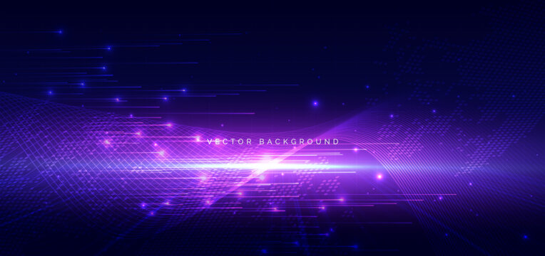 Technology futuristic glowing blue and pink wave lines on dark background.