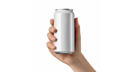 Hand holding blank white aluminum beverage can mockup isolated on black background