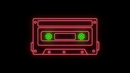 Obraz premium Red neon outline of a cassette tape with green gears on a Generate title without using the word 